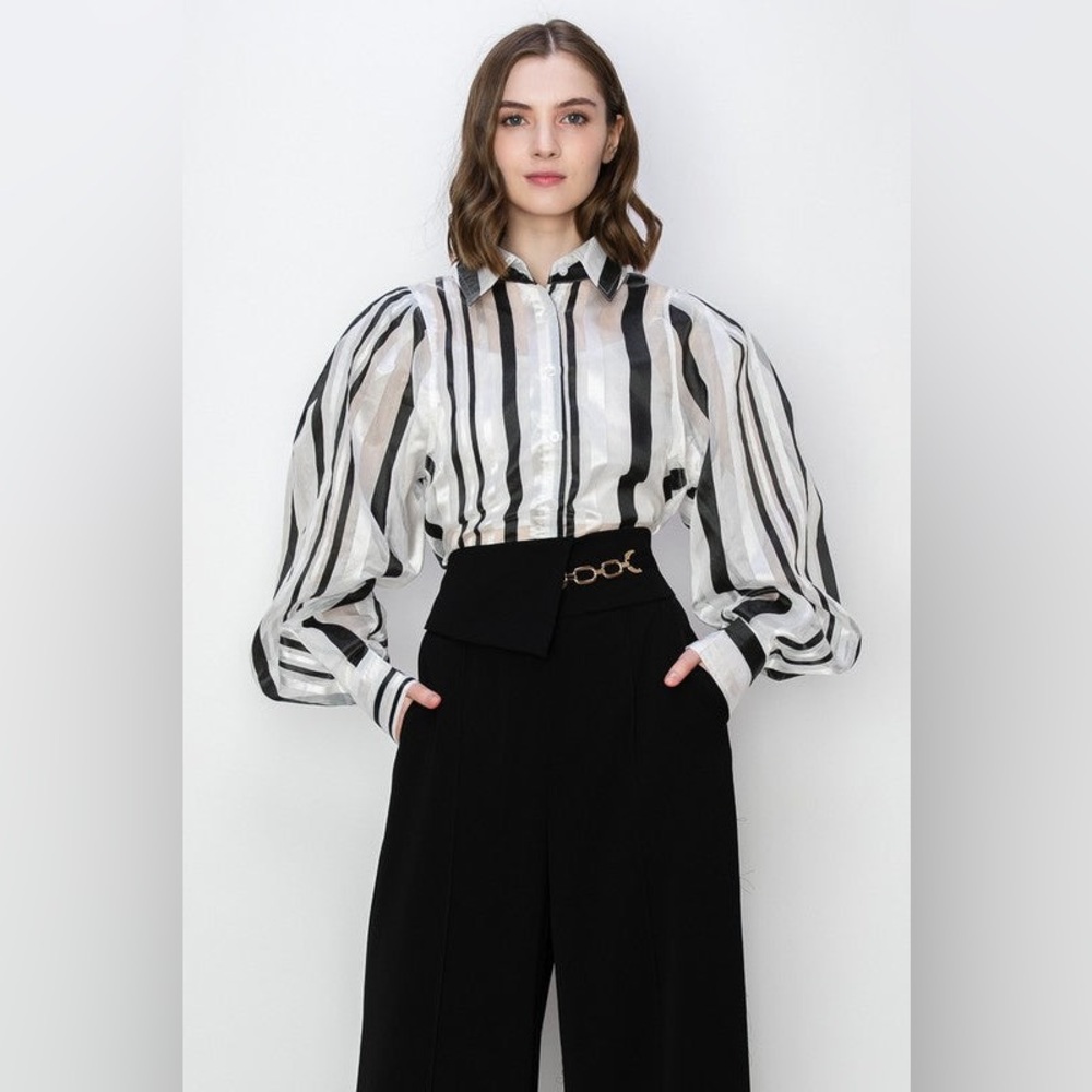 Ina Black & White Striped Sheer Puff-Sleeve Button-Down